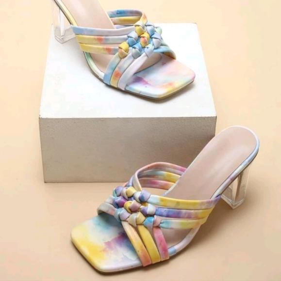 SHEIN Shoes - Tie-dye rainbow white braided design, clear chunky heel sandal mule, size 7.5
